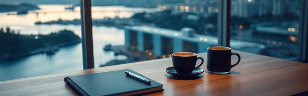 Desk with a notebook and coffee overlooking a Vancouver harbour at dusk